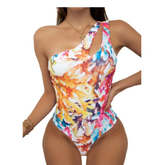 Sexy Colorful One Piece One-Shoulder-Cutout Swimsuit, Large - Picture 1 of 5